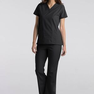 Essentials Scrubs Women Mock Wrap Black Scrub Top and Pants Set Medium